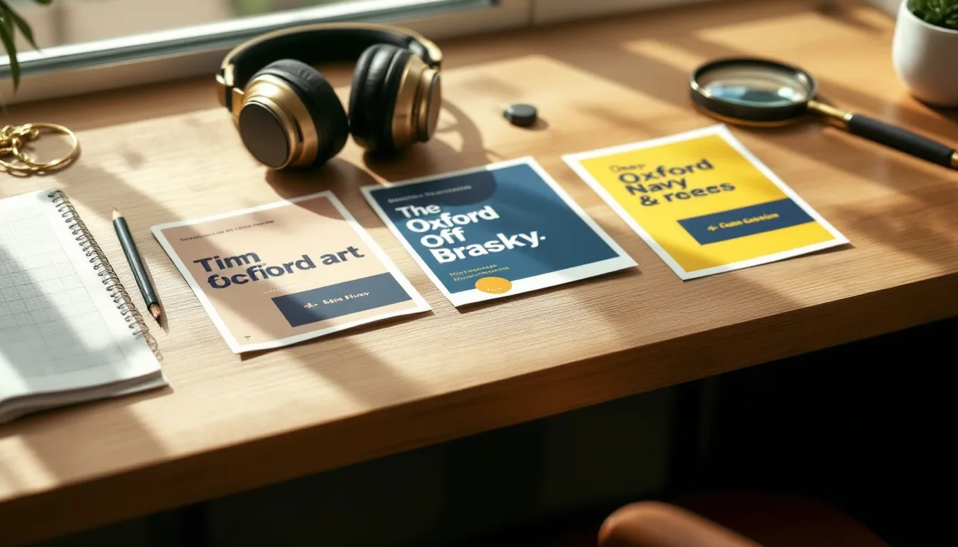 Printed podcast cover art laid out on a desk in natural light